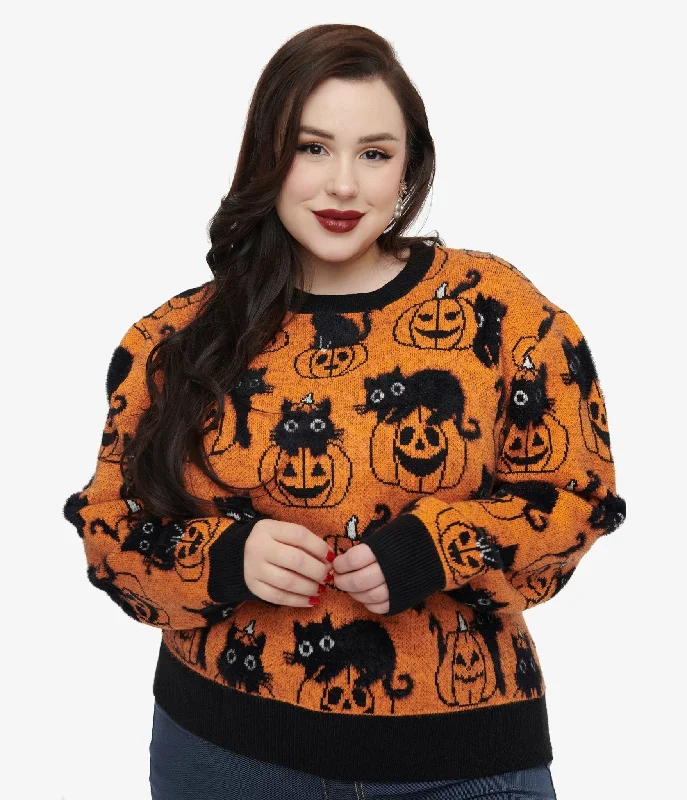 Fashion Forward Style Unique Vintage Plus Size Orange Pumpkin & Black Cat Print Sweater