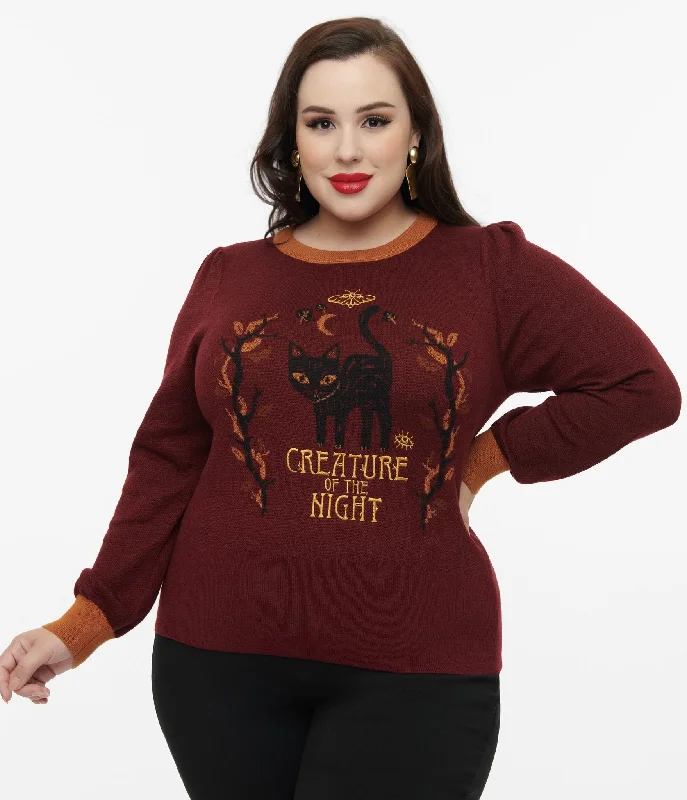 Classic Women's Fashion Disney Hocus Pocus Collection by Unique Vintage Plus Size Burgundy Binx Hocus Pocus Embroidered Sweater