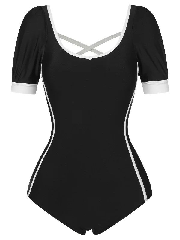 Trend Forward Threads For Her Black 1960s Puff Sleeves One-Piece Swimsuit