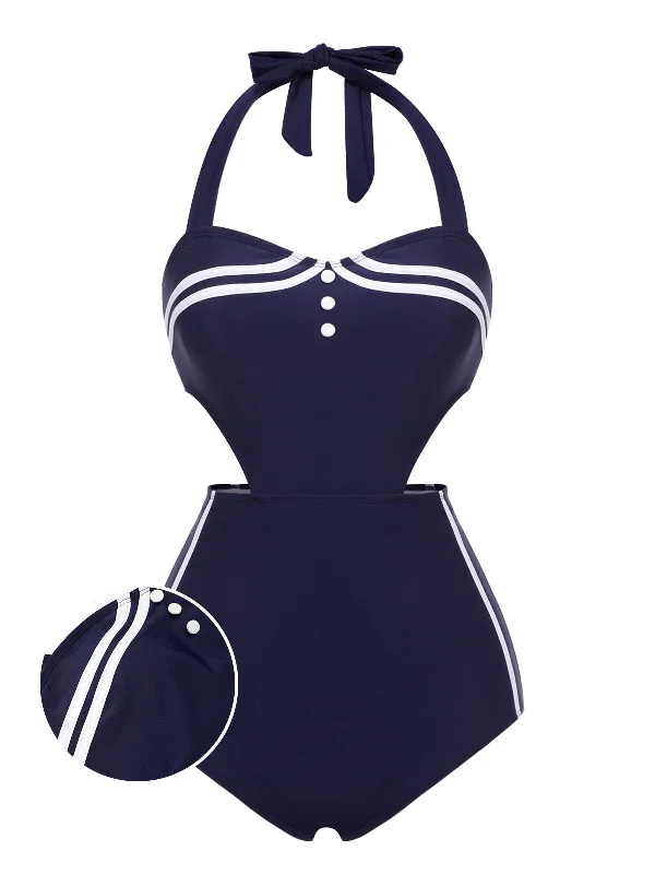 Fashion Forward Navy Blue 1930s Halter One-piece Swimsuit