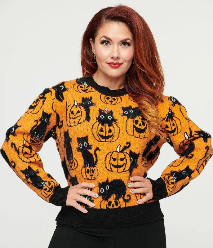 Elegant Contour Unique Vintage Orange Pumpkin & Black Cat Print Sweater