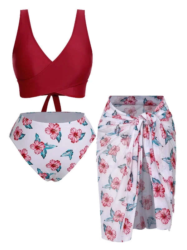 Fashion Frontiers [Plus Size] Wine Red 1930s Floral Bikini Set & Cover-Up