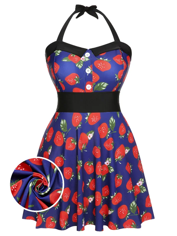 Season Appropriate Women's Collection [Plus Size] Multicolor 1930s Colorblocked Strawberry Halter Swimsuit