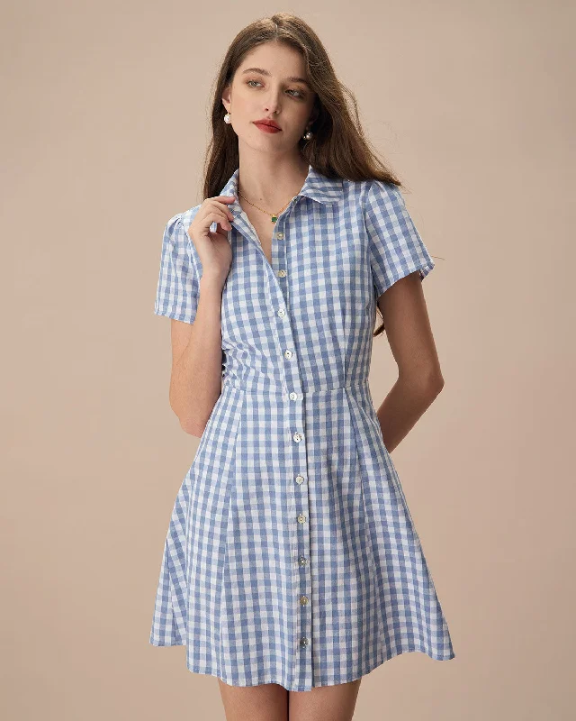 Fashion Forward, Function First Women's Blue Plaid Lapel Cotton Mini Dress