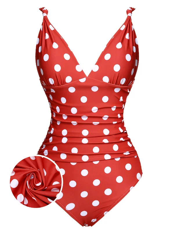 Casual Weekend Relaxed Style Red 1930s Polka Dot V-Neck Swimsuit