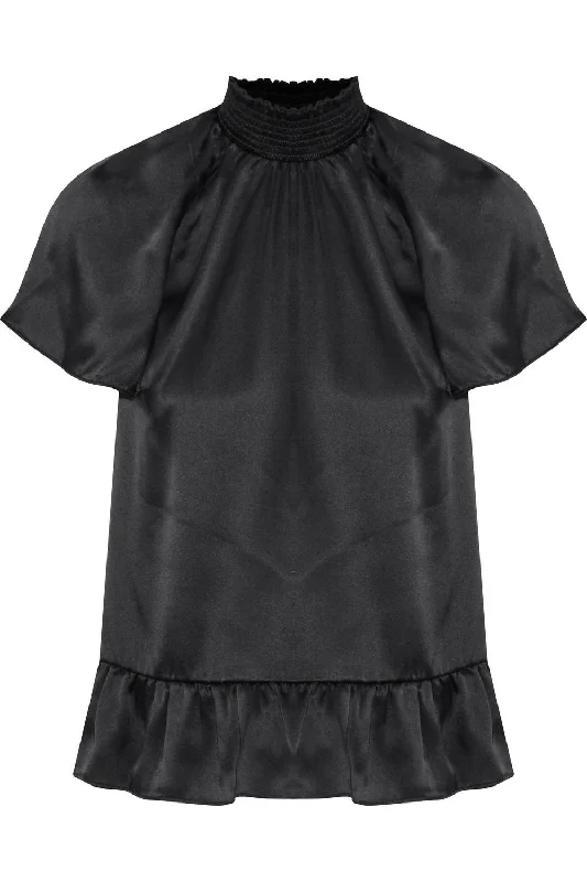 Mega Sales Harbor High Smocked Neckline Ruffled Silk Blouse in Black