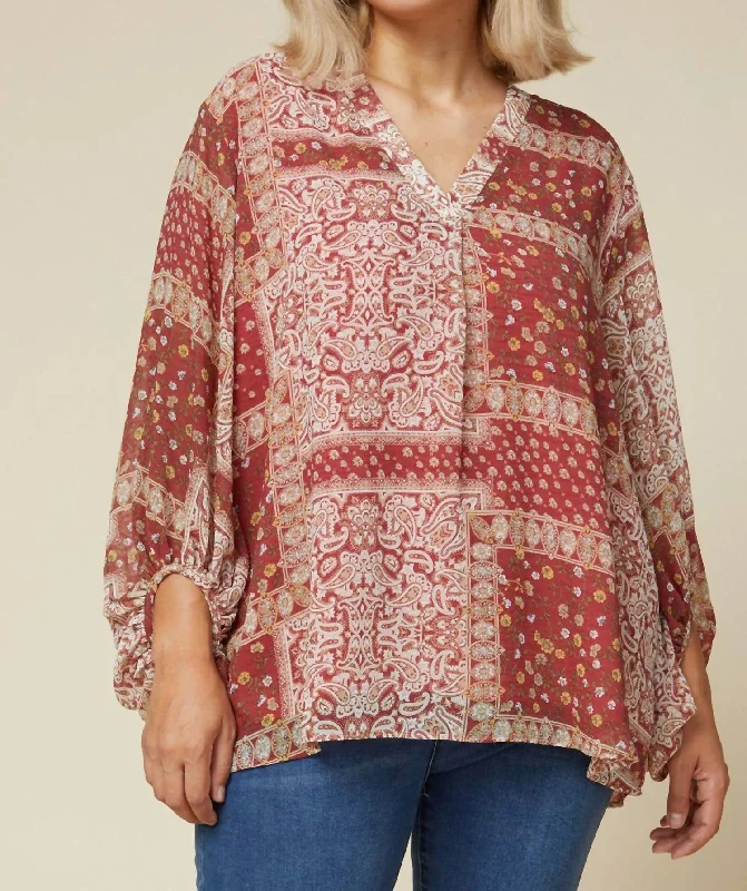 Elegant Style Paisley Print Blouse - Plus In Marsala Wine