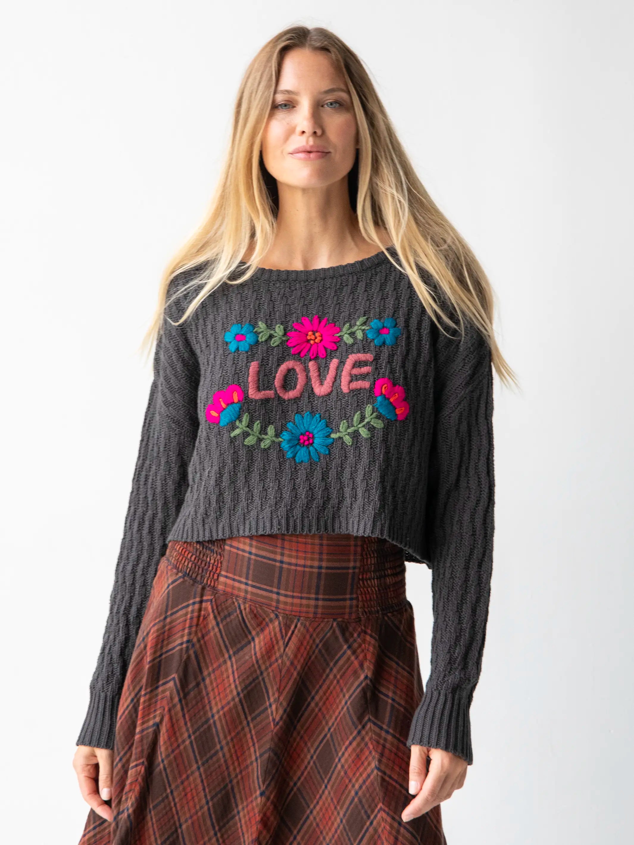 Relaxed Style Little Things Embroidered Pullover Sweater - Charcoal Love