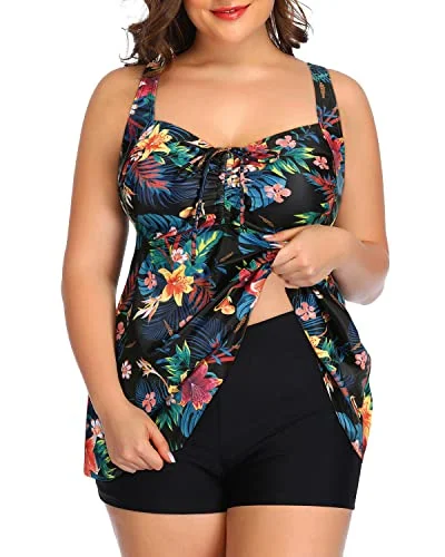 Trendy Urban Attire Tie Knot Swim Tops Tankini Swimsuits Shorts-Black Flowers