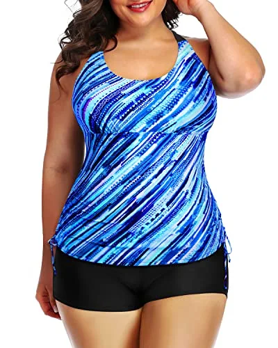 The Latest Trends 2 Piece Plus Size Swimsuit High Waisted Boyshorts For Women Of All Ages-Blue Stripes