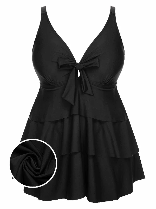 Stay Ahead In Style [Plus Size] 1950s Solid Front Tie Ruffle Swimsuit