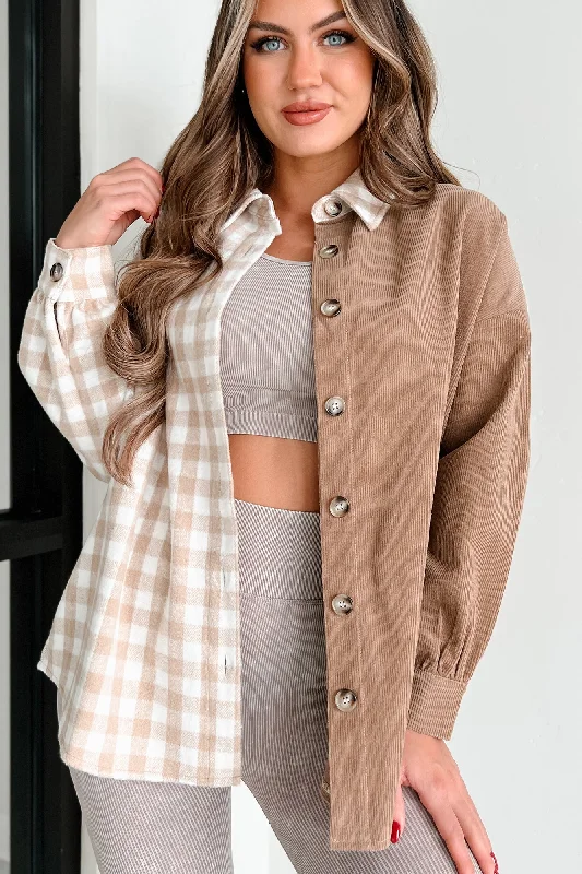 Style Without Limits Benton Corduroy Plaid Shacket (Taupe Tan)