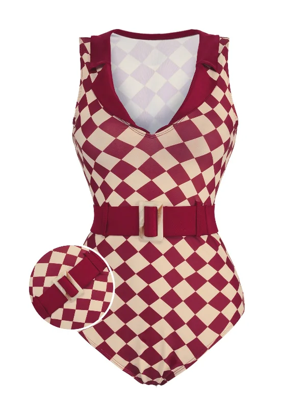 Explore What's New 1930s Burgundy Diamond Lapel One-Piece Swimsuit