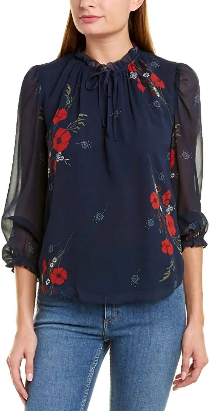 Exclusive Discounts Rafaella Ruffle Trim Self Tie Neckline Silk Blouse in Midnight