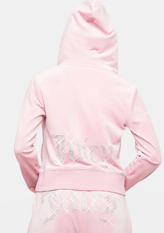 Free Spirited Fashion Rose Rhinestone Logo Zip-Up Hoodie