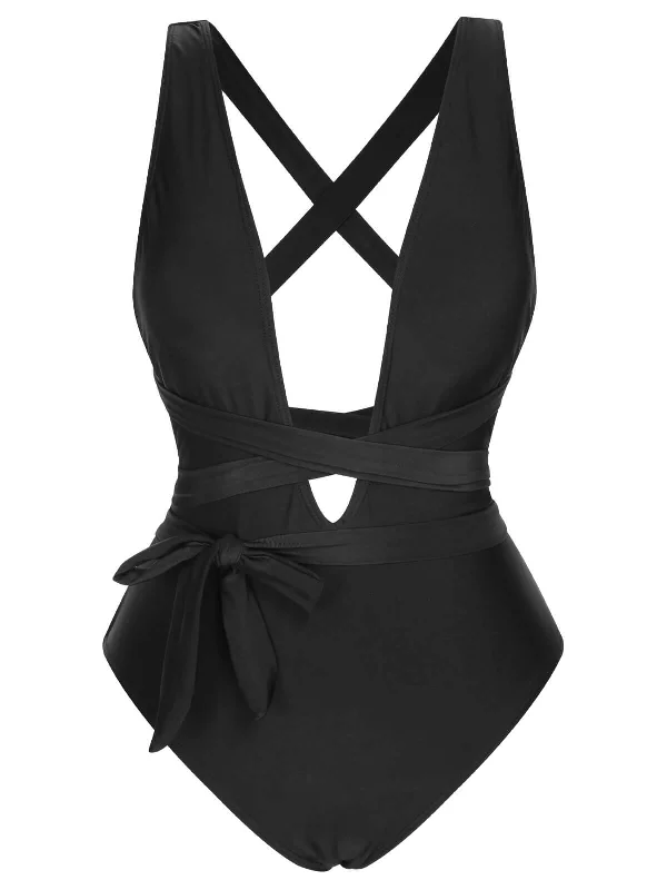 Boho Chic Fashion Black 1960s Solid Deep V-Neck Bandage Swimsuit