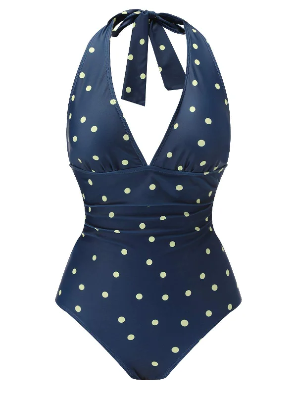 Winter Warm - Up Sale Blue 1960s Polka Dot Patchwork Halter Swimsuit