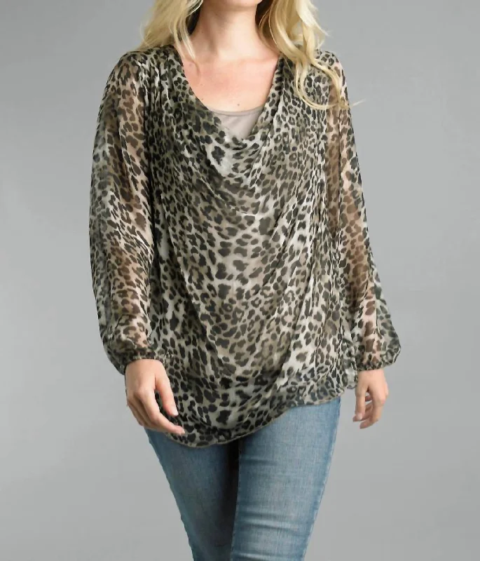 Pastel Styles Cowl Neckline Sheer Blouse With Lining In Cheetah Print