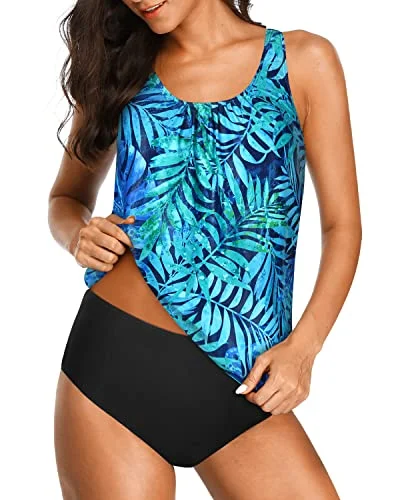 Trendy Women's Wear Modest Two Piece Tankini Set For Women Adjustable Straps-Dark Blue Green Leaves