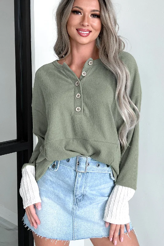 Summer Fashion Forcing The Issue Mixed Knit Oversized Henley Top (Olive)