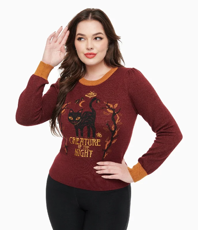 Current Trends Disney Hocus Pocus Collection by Unique Vintage Burgundy Binx Hocus Pocus Embroidered Sweater