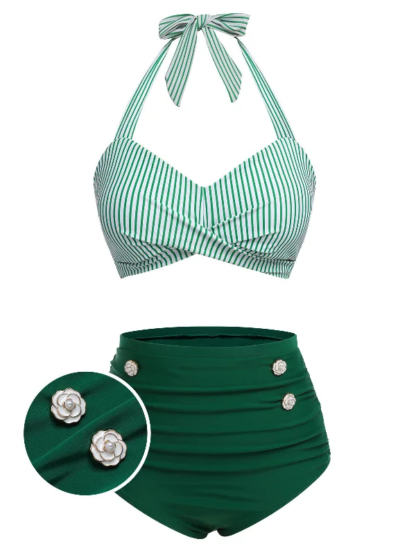 Exclusive Sale [Plus Size] Green 1940s Striped Halter Swimsuit