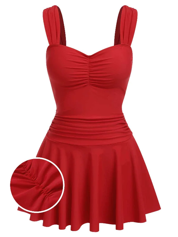 Bold Fashion Red 1950s Pleated Solid One-Piece Swimsuit