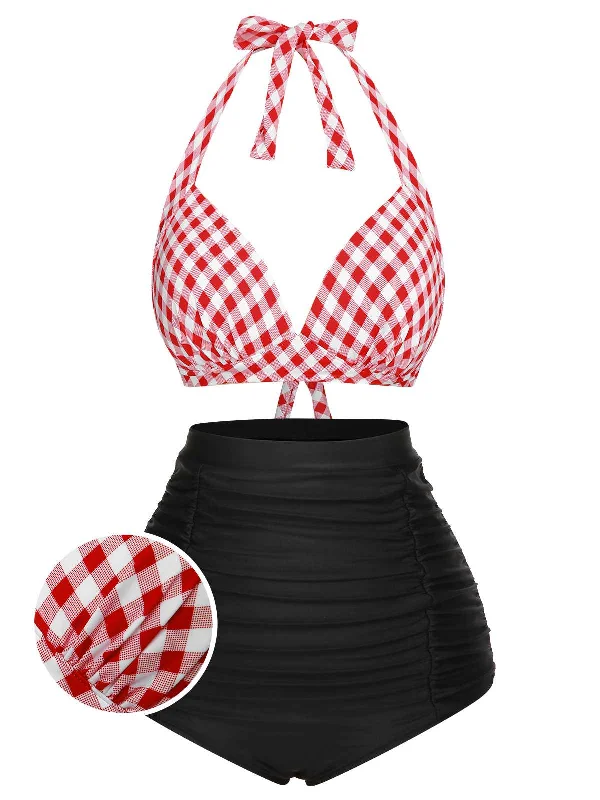 Fashion Deal 1950s Halter Plaids Lace-Up Swimsuit