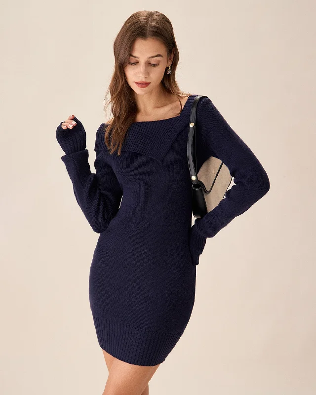 Stylish Savings Navy Off The Shoulder Bodycon Sweater Dress