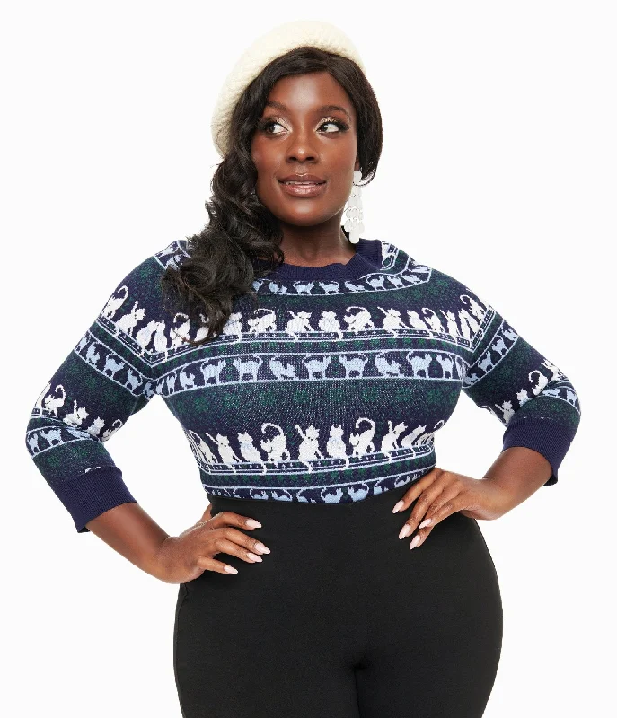 Nordic Minimalist Home Look Unique Vintage Plus Size 1940s Navy & White Cat Pattern Lorelai Sweater