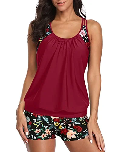 Chic Styles Ladies Sporty T-Back Tankini Swimwear Tummy Control Boy Shorts-Red Floral