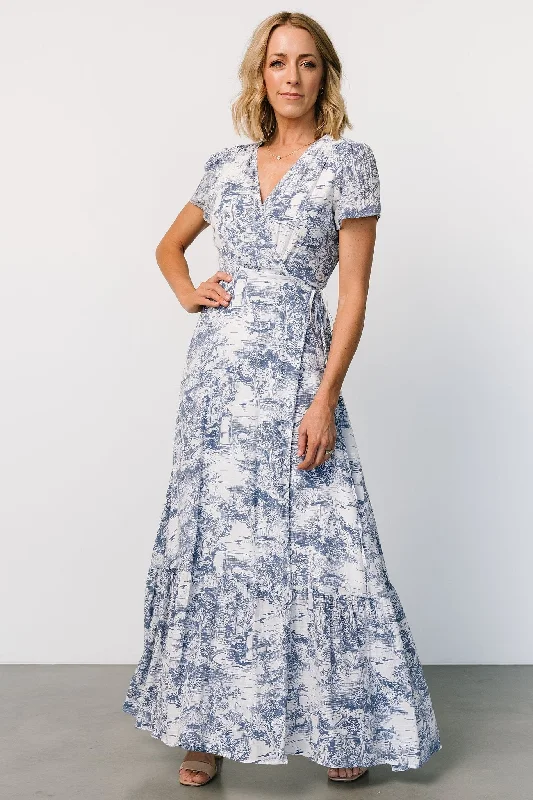 Chic Urban Fashion Look Dulce Wrap Maxi Dress | White + Blue Print