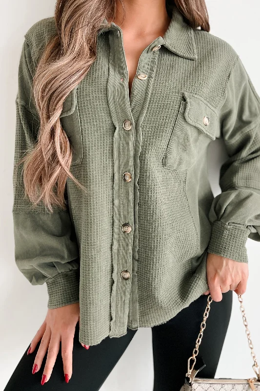 New Season Fashion Preview Sale Past & Present Vintage Wash Waffle Shacket (Olive)