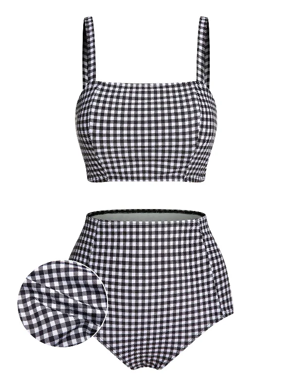 Lighten Up With Nordic Styles White&Black 1940s Plaid Suspenders Swimsuit