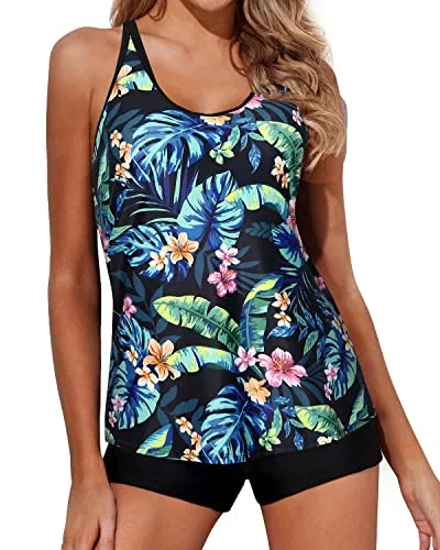 Free Spirited Fashion Cute Scoop Neck Tankini Swimsuits For Women Boy Shorts-Black Green Leaves