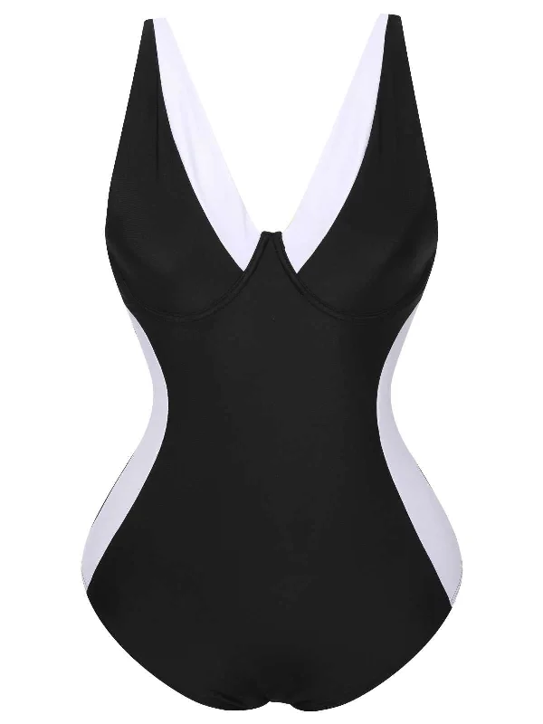 Women's Fashion Hotspots [Plus Size] Black 1930s Contrast One-Piece Swimsuit