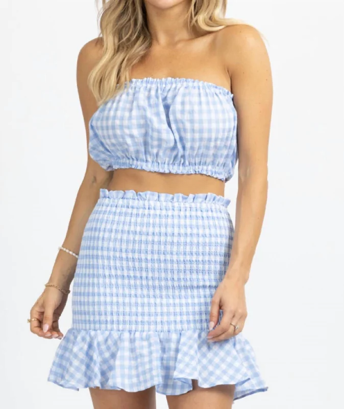 Wardrobe Upgrade Gingham Smocked Skirt Set In Sky Blue