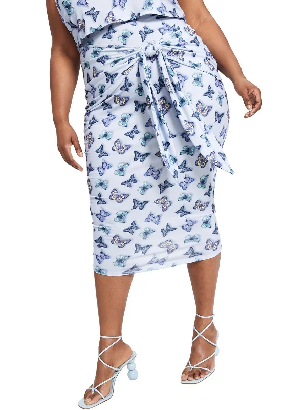 Limited Time Offer Plus Womens Printed Tie Front Midi Skirt