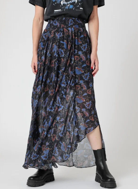 Modern Romance Smocked Cut Long Skirt In Black/blue Floral