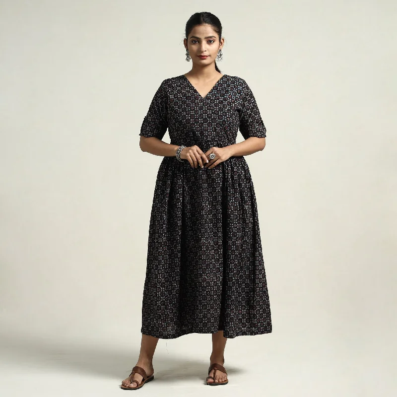 Trendy Urban Attire Black - Ajrakh Hand Block Printed Cotton Flared Gher Dress