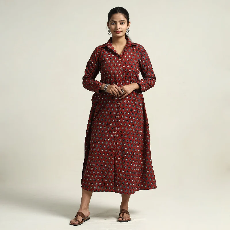 Vintage Style Clothing Sale Maroon - Ajrakh Hand Block Printed Cotton Dress