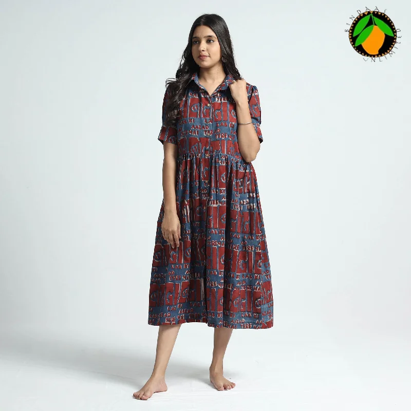 Dive Into Trendy Styles Red & Blue - Bindaas Art Block Printed Cotton Dress