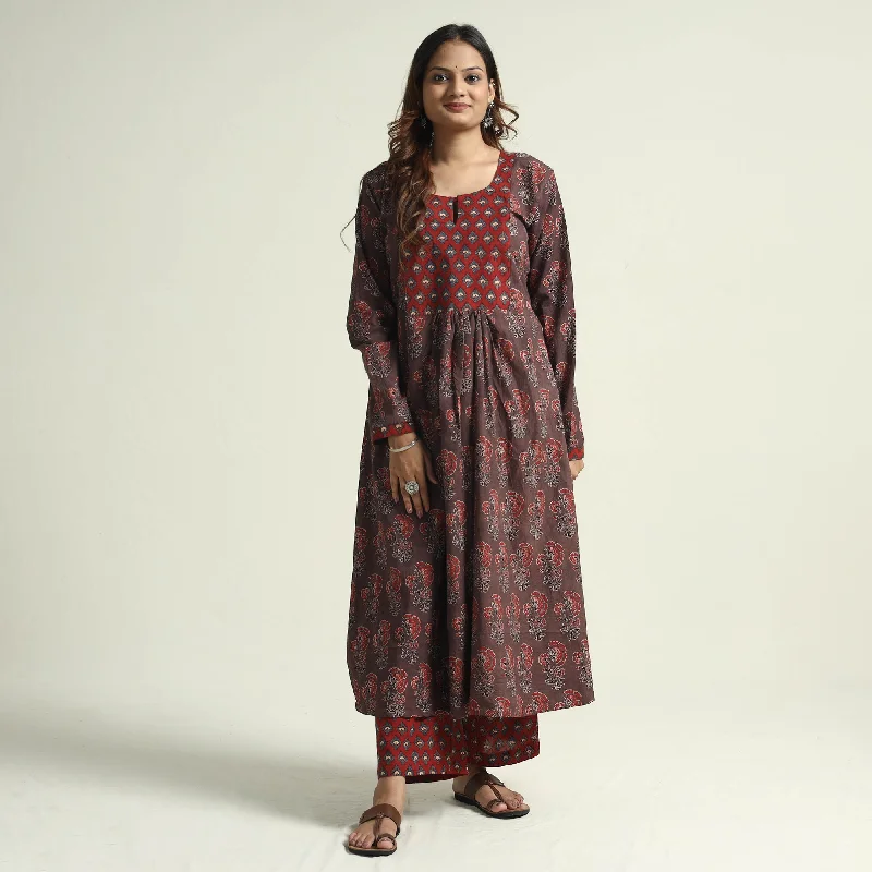 Sustainable Fashion Extravaganza Brown - Ajrakh Block Printed Cotton Flared Kurta with Palazzo Set