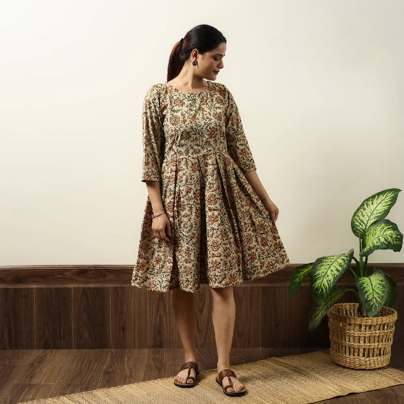 Seasonal Fashion Beige - Kalamkari Block Printed Cotton Flared Gher Short Dress 08