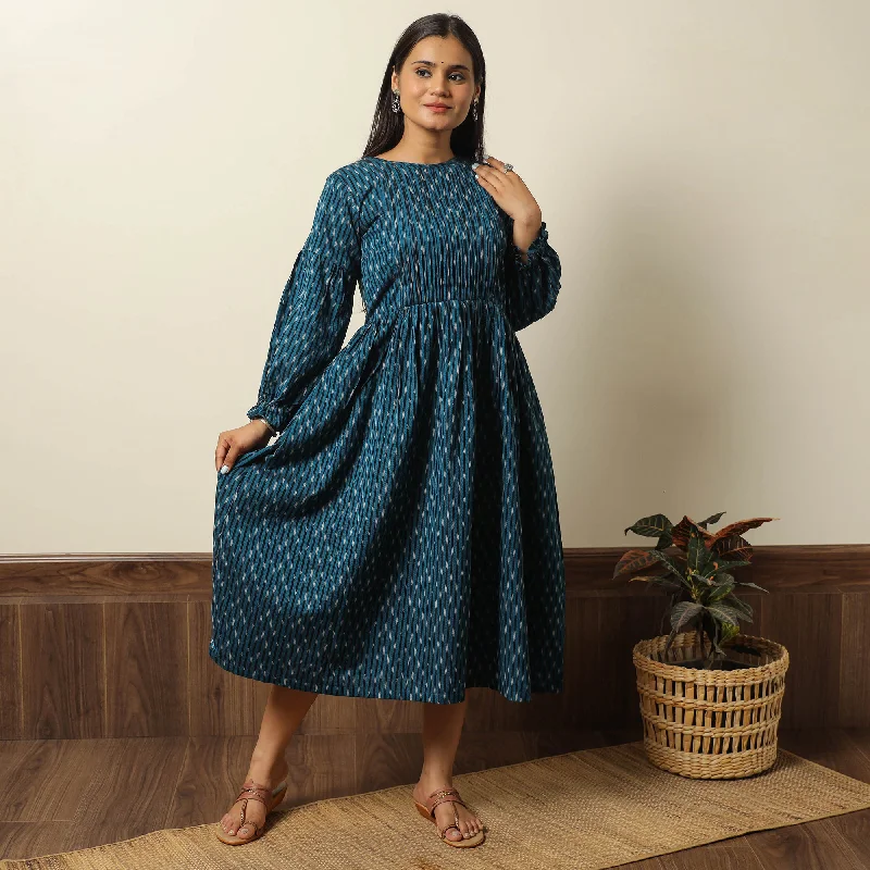 Chic Trends For The Fashion Savvy Blue - Pochampally Ikat Weave Cotton Pintuck Flared Dress 02