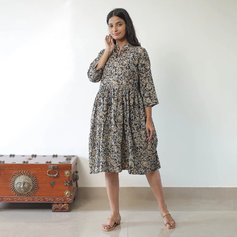 Limited Styles Multicolor - Pedana Kalamkari Block Printed Cotton Flared Dress 04