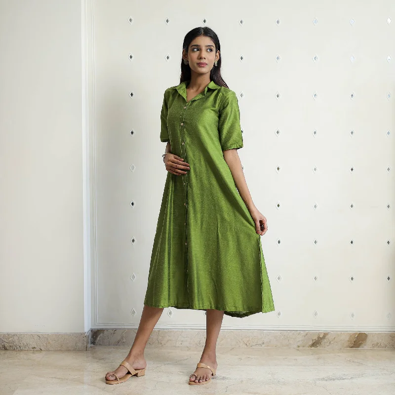 Quick Grab Deals Khyati Green Slub Silk Plain Dress