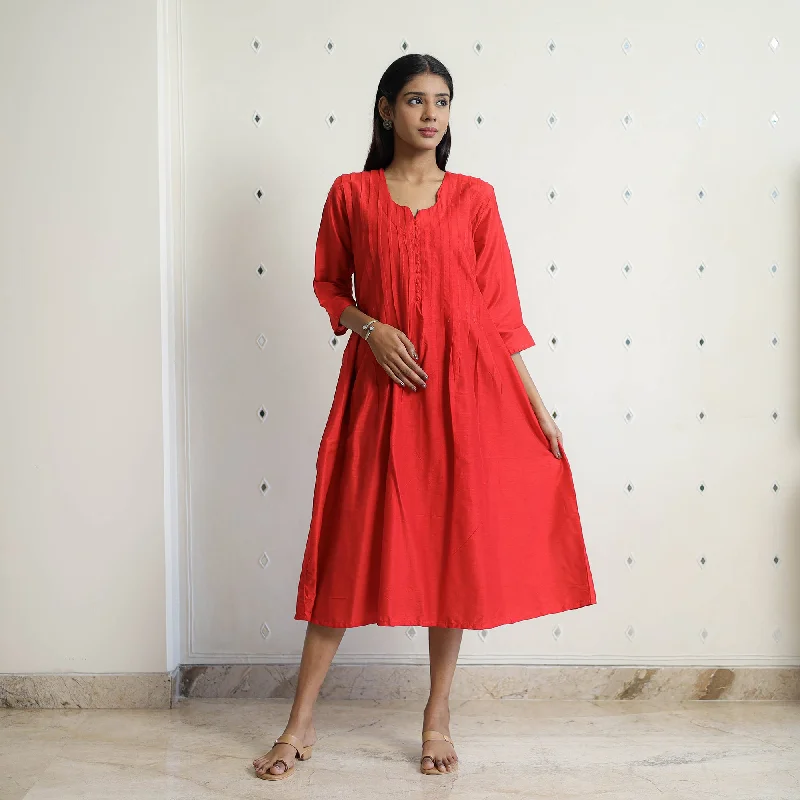 Evening Elegance Rosie Red Slub Silk Plain Dress