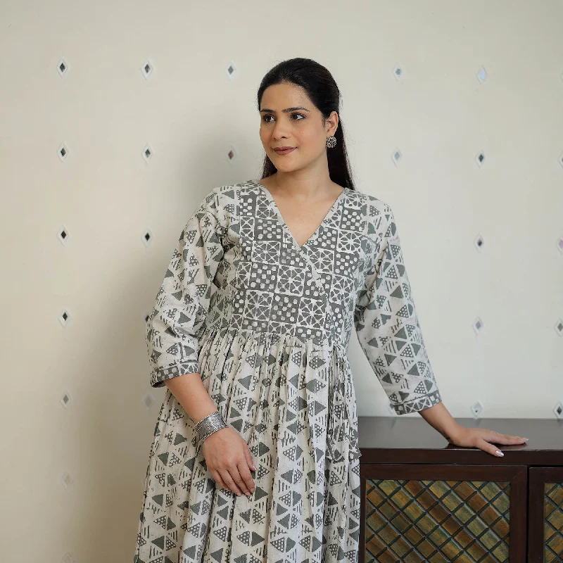 Limited Time Offer Grey - Pure Cotton Angrakha Batik Print Dress 04