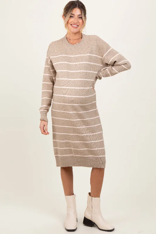 Cool Prices Beige Striped Maternity Midi Sweater Dress